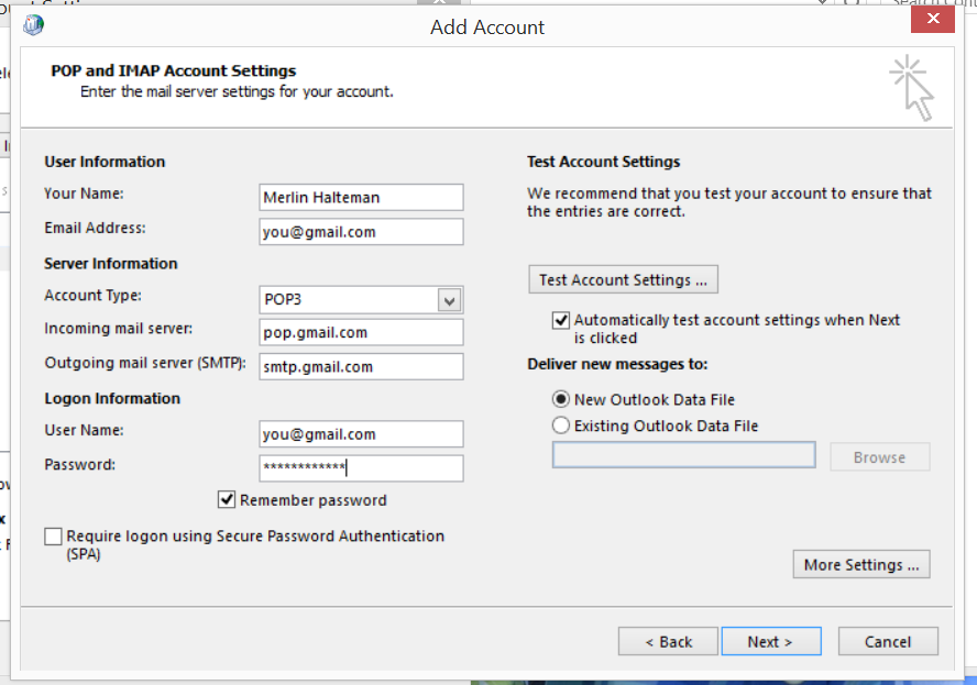 how to configure gmail account in outlook 2013